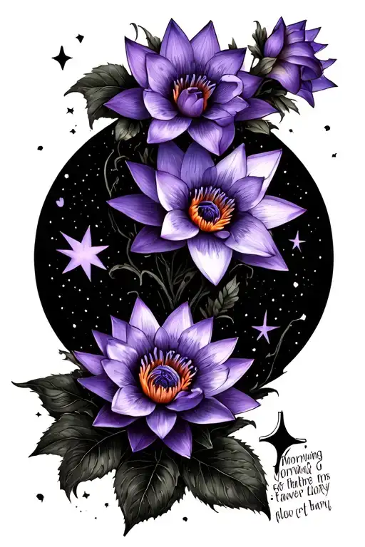 SPINE TAT INCLUDING VIOLET FLOWER WATER LILY FLOWER HAWTHORN FLOWER MORNING GLORY FLOWER MOON STARS AND QUOTE tattoo design idea