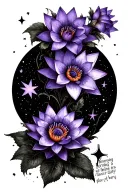 SPINE TAT INCLUDING VIOLET FLOWER WATER LILY FLOWER HAWTHORN FLOWER MORNING GLORY FLOWER MOON STARS AND QUOTE tattoo design idea
