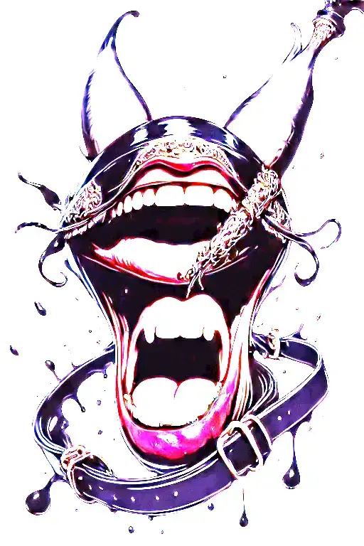 Sukuna belt, with a mouth on a boom around the spray of black blood tattoo design idea