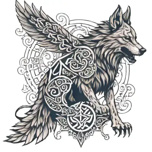 A fenrir perched on runes with intricate line work, and viking rune patterns woven into the feathers and skull. tattoo design idea