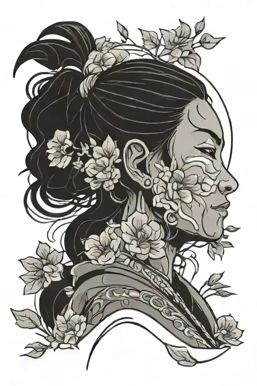 face of Kiyoshi woman from avatar the last air bender, simple line sketch style with flowers in the background tattoo design idea