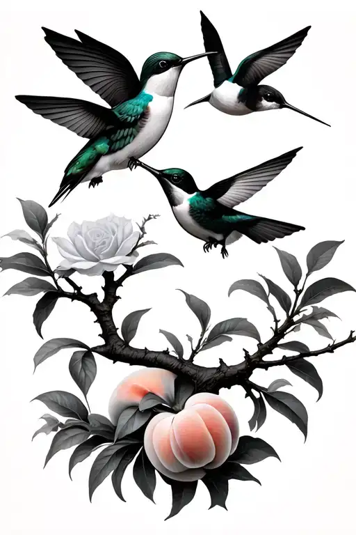 peach tree and humming birds tattoo design idea
