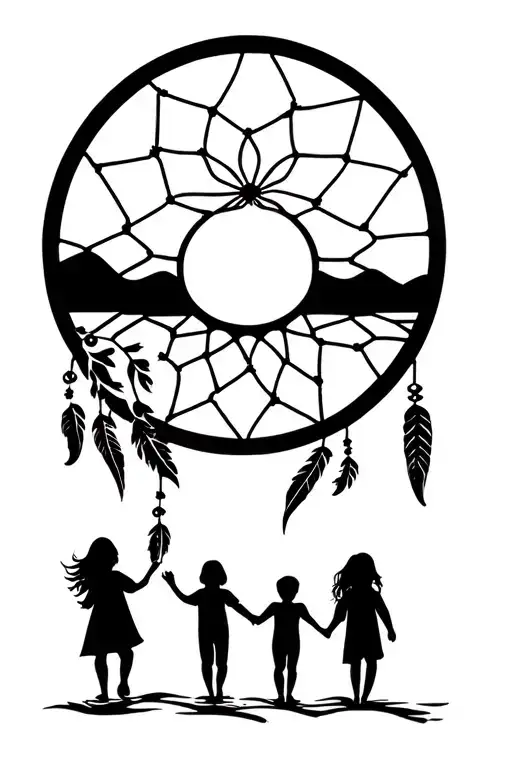 A Mom, daughter, and son holding hands walking toward a sunset inside a dream catcher  tattoo design idea