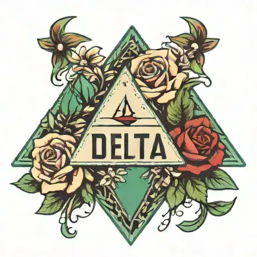 text "k2delta38" with minimal rose and Green triangular gems tattoo design idea