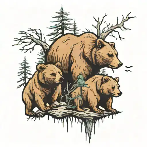 3 bears and 4 trees tattoo design idea