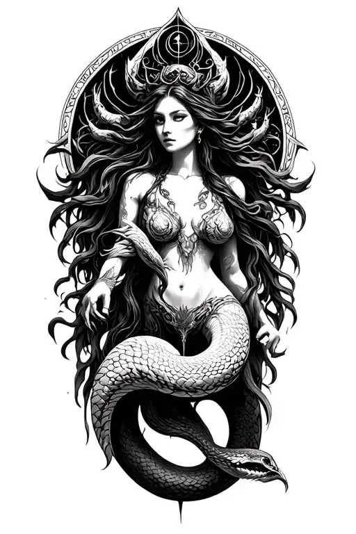 dark ancient esoteric occult goddess hybrid ancient  serpent tattoo design idea