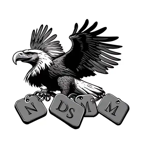 An American eagle with four military dog ​​tags on each one a letter. The letters are N D S M tattoo design idea