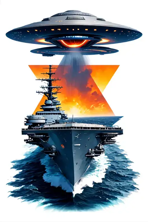 triangle shaped UFO flying over top the USS Theodore Roosevelt CVN-71 tattoo design idea