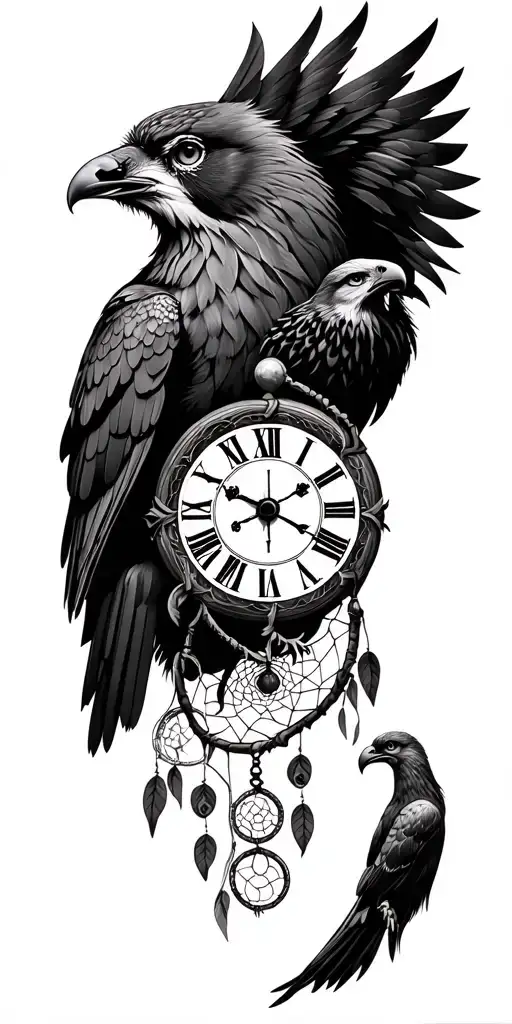 clock, Medusa, owl, crow, wolf, eagle, dream catcher, tattoo design idea