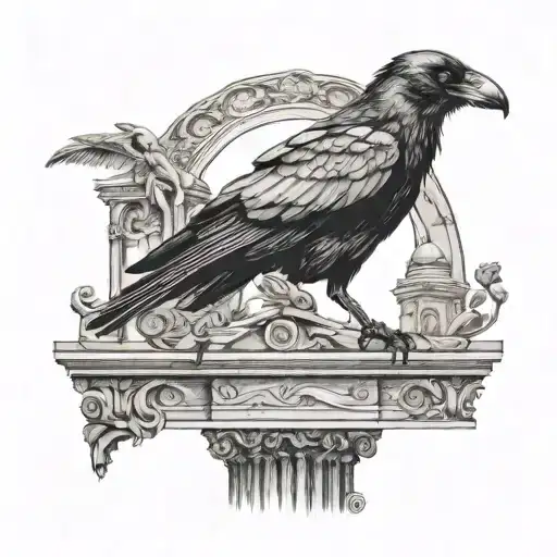A crow perched on Roman architecture with titties hidden in the background tattoo design idea