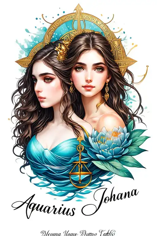 Aquarius and libra zodiac sign with written name: Joanna tattoo design idea