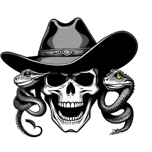 skull wearing a cowboy hat with a snake going through the eyes and mouth of the skull and an iguana on the hat  tattoo design idea