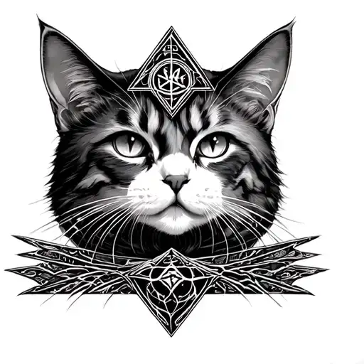 Goth cat, high priestess tarot, d20 Everything wrapped in a cyber sigil tattoo design idea