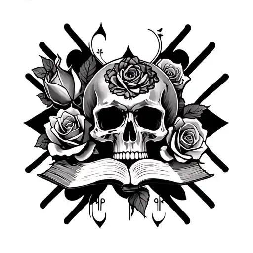 gothic cathedral, roses, skull, 3 spades, hourglass, book tattoo design idea