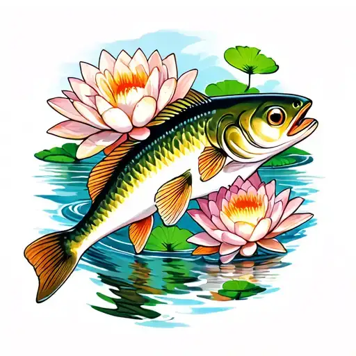 waterlilies and pike fish swimming tattoo design idea