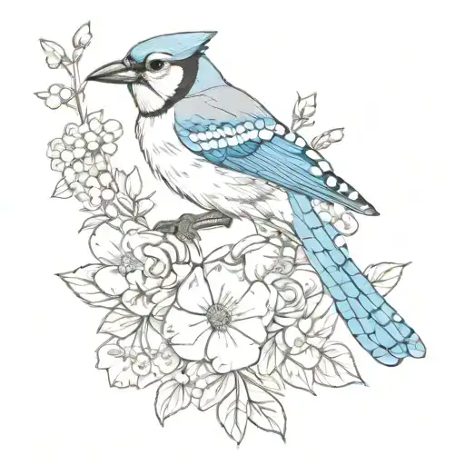 blue jay and forget-me-not flowers  tattoo design idea