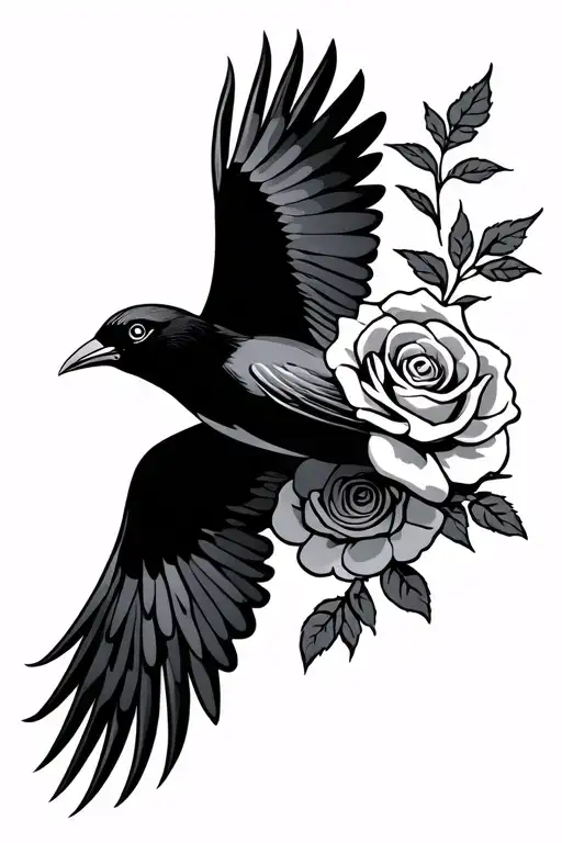 American traditional bird flying with roses tattoo design idea