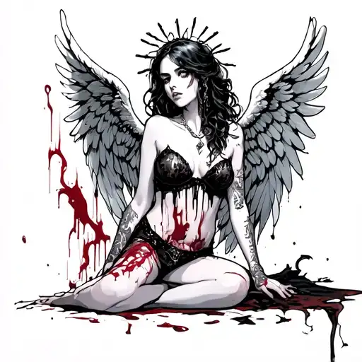 Sexy Angel, pale skin, Big breasts, Wide Hips, Angel wings, Halo, G-String, Revealing bra, Sexual, Bloody, Seductive. tattoo design idea