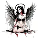 Sexy Angel, pale skin, Big breasts, Wide Hips, Angel wings, Halo, G-String, Revealing bra, Sexual, Bloody, Seductive. tattoo design idea