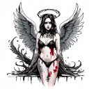 Sexy Angel, pale skin, Big breasts, Wide Hips, Angel wings, Halo, G-String, Revealing bra, Sexual, Bloody, Seductive. tattoo design idea