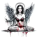 Sexy Angel, pale skin, Big breasts, Wide Hips, Angel wings, Halo, G-String, Revealing bra, Sexual, Bloody, Seductive. tattoo design idea