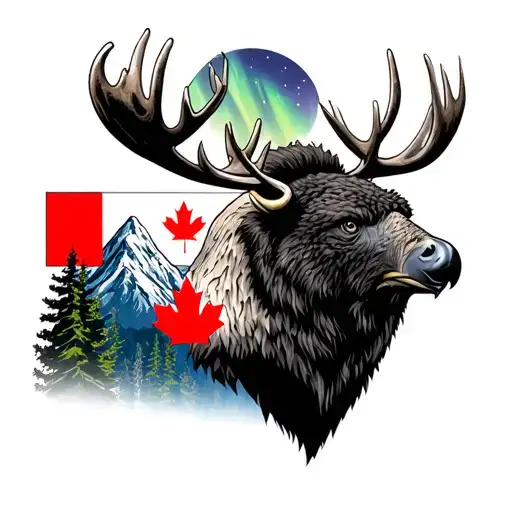 canadian flag, moose head, bald eagle head, bear head, bison head, rocky mountain, northern lights in colour. tattoo design idea