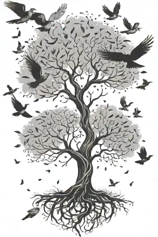 tree of life with birds flying and feathers falling tattoo design idea