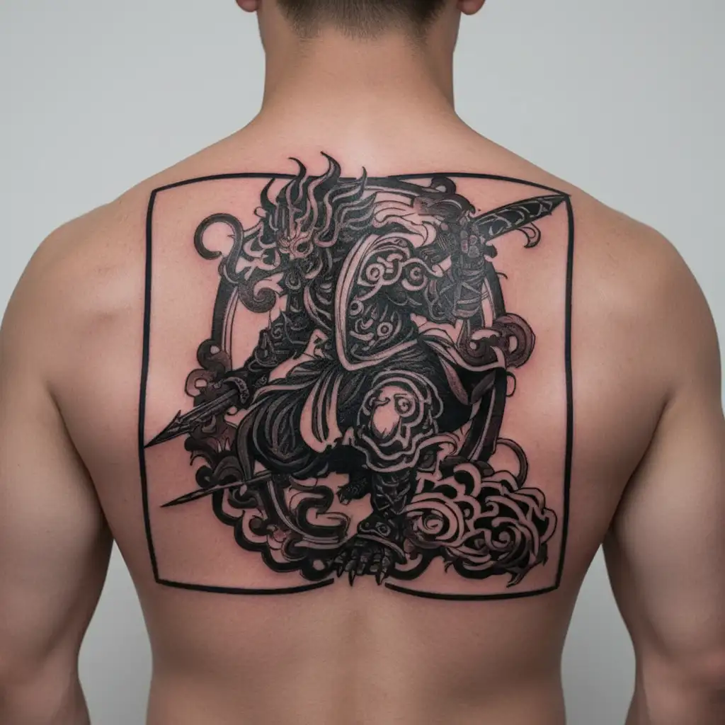 A blackwork design of the god Susanoo wielding his legendary sword tattoo design idea