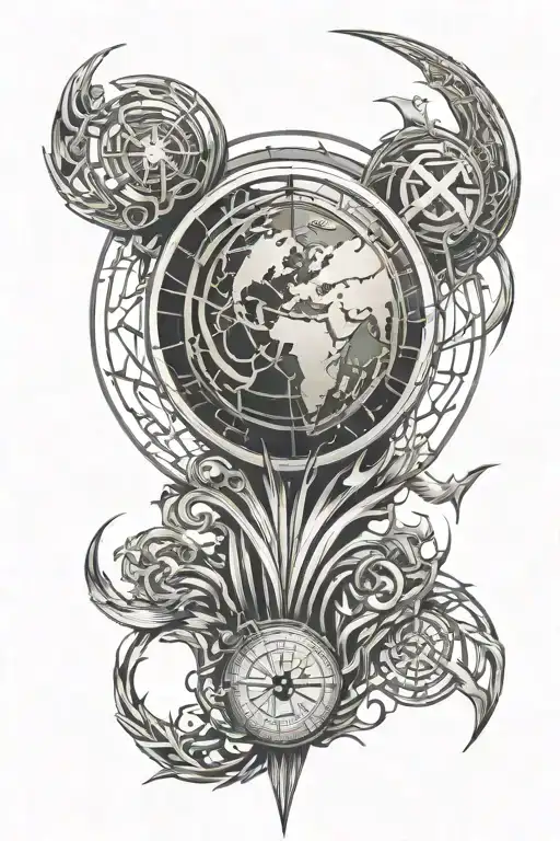 earth globe, viking runes, viking style design, earth water wind fire symbols, compass tattoo design idea