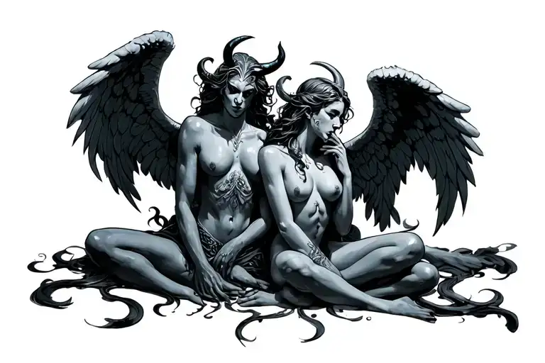 angel and demon 69 position tattoo design idea