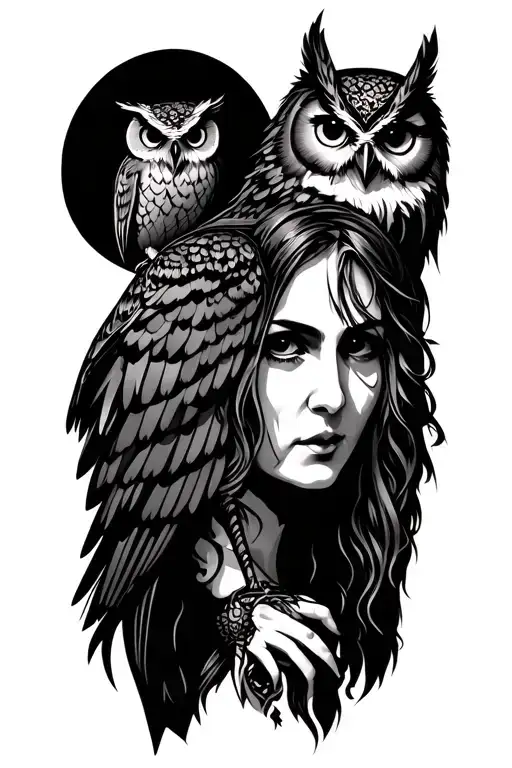 crone with owl perched tattoo design idea