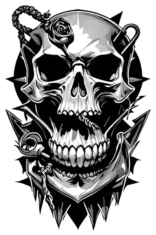 (skull anchor, facing forward, sharp defined teeth:1.4),  (8-pointed chaos star low contrast directly behind skull:1.2) tattoo design idea
