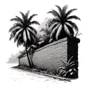 brick wall over grown by palm trees  tattoo design idea