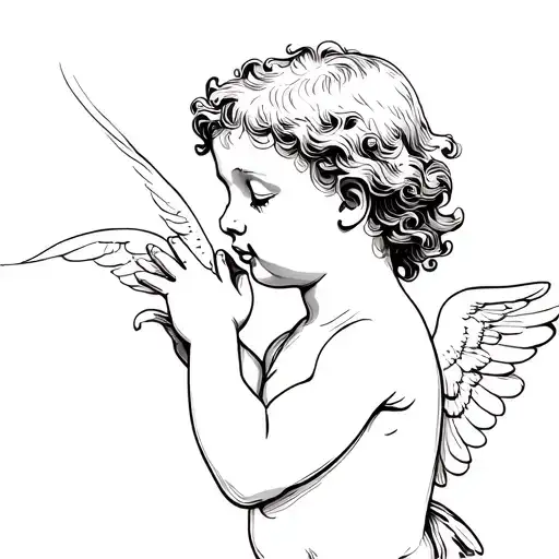 Simple lined sketch of a cherub whispering tattoo design idea