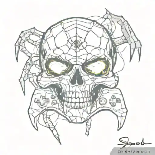 A video game controller morphing into a skull with spiderwebs and spiders crawling around it tattoo design idea