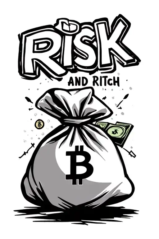"Risk and rich" stock trading with bitcoin symbol incorporated and money bag  tattoo design idea