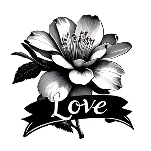 Sakura flower with the underlined inscription Love written in a beautiful font, with shadows on the flower itself and some shadows from the flower tattoo design idea