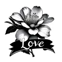 Sakura flower with the underlined inscription Love written in a beautiful font, with shadows on the flower itself and some shadows from the flower tattoo design idea