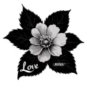 Sakura flower with the underlined inscription Love written in a beautiful font, with shadows on the flower itself and some shadows from the flower tattoo design idea