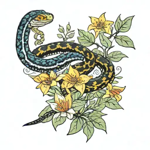 garter snake in native Kentucky plants and flowers tattoo design idea