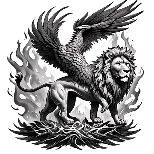 textured Phoenix rising from the ashes with textured lion in the flames tattoo design idea