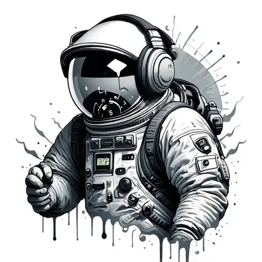 astronaut with headphones and clock melting tattoo design idea