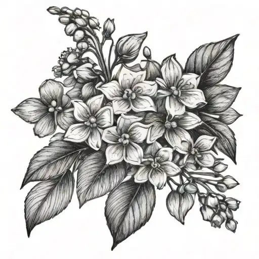 bundle of forget-me-not flowers from a side view showing stems and flowers. They should be tied together with string. tattoo design idea