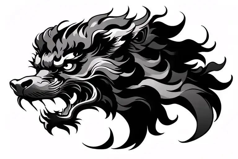 Japanese waves around chinese Guardian lion head tattoo design idea