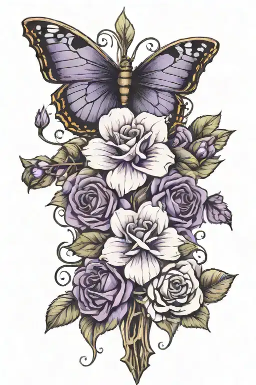 a cross wrap with violet flower and prim roses and butterfly tattoo design idea