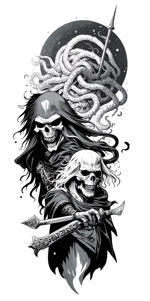 samurai grim reaper clashes with cosmic medusa tattoo design idea