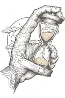 old person's hand holding an hourglass, the bottom part has broken glass, and sand is falling out  tattoo design idea