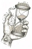 old person's hand holding an hourglass, the bottom part has broken glass, and sand is falling out  tattoo design idea