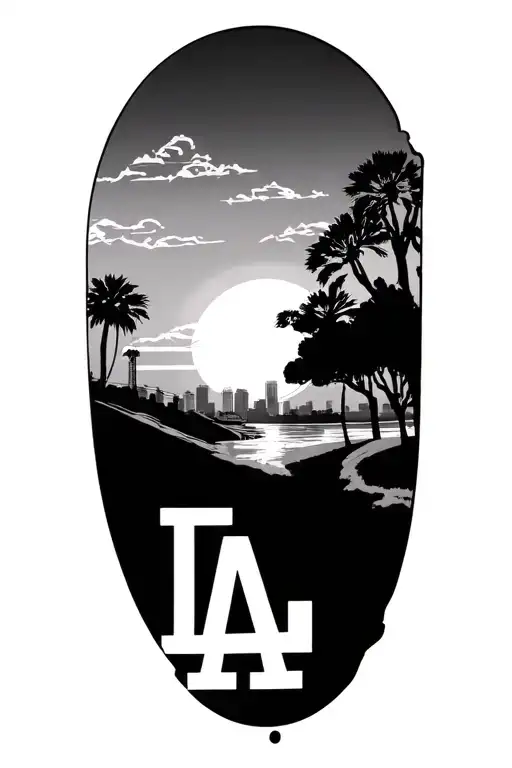 A tattoo of the Los Angeles Dodgers logo with a California sunset background to showcase your love for the team and the state tattoo design idea