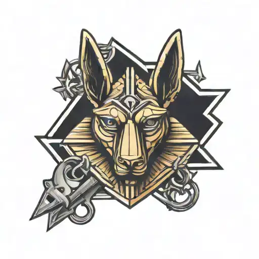 polygon lock, key with the head of Anubis tattoo design idea